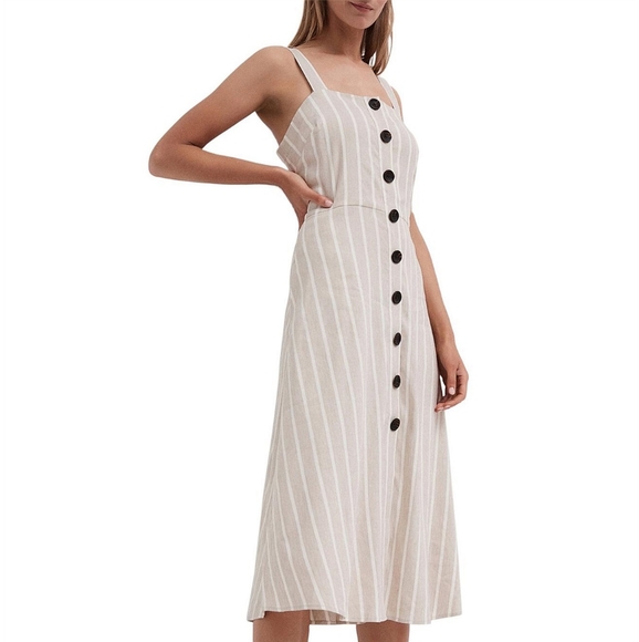 WITCHERY Linen blend Neutral Beige White Stripe Button Midi Dress NWT RRP$160 - Picture 2 of 16